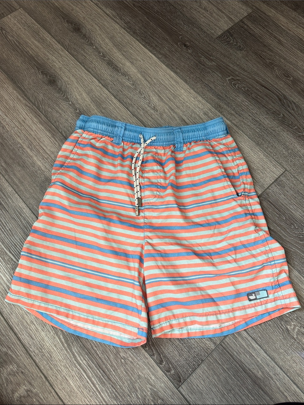 Southern Marsh Kids Swim Trunks Coral and Light Blue Stripes